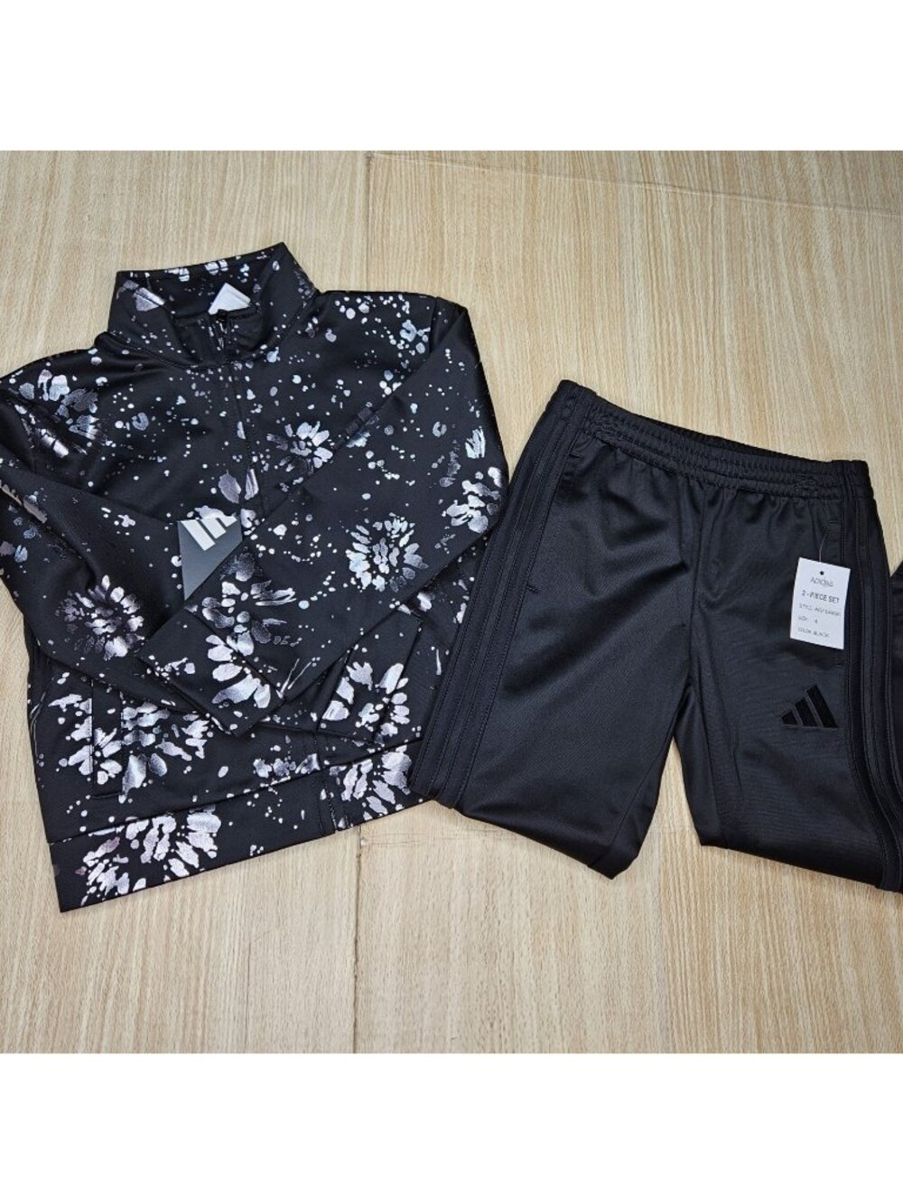 Adidas Girls New Black Metallic Silver 2 Piece Track Suit 4